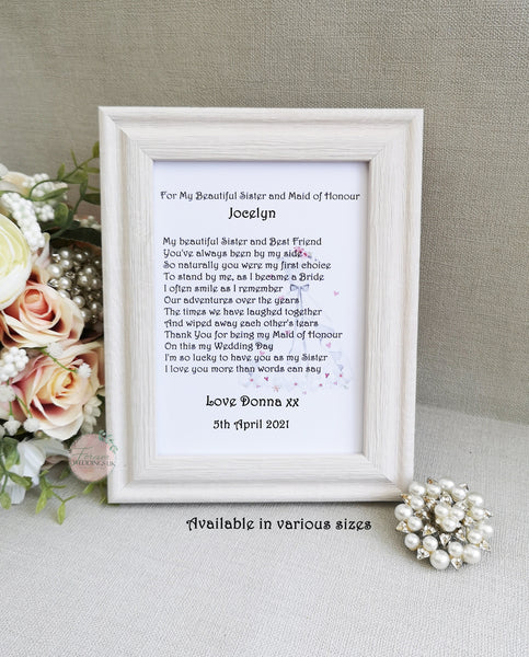 Maid of Honour Print, Wedding Thank You, Poem from Bride, Personalised Box Filler, Bridal Party Gift from Bride