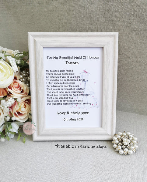 Maid of Honour Personalised Print, Bridal Party Wedding Keepsake, Thank you Maid of Honour Gift, Wedding Poem from Bride