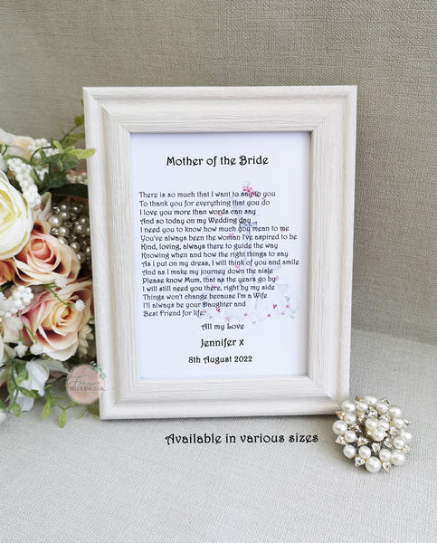 Mother of the Bride Print, Wedding Parents Gift, Personalised Poem,