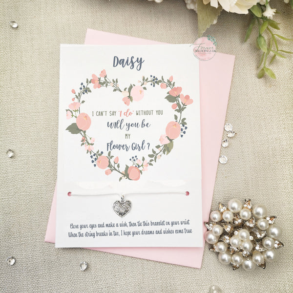 Will you be my Flower Girl Card, Wish Bracelet Gift, Personalised Bridal Party Proposal Gift, Flower Girl Invite, Wedding Jewellery