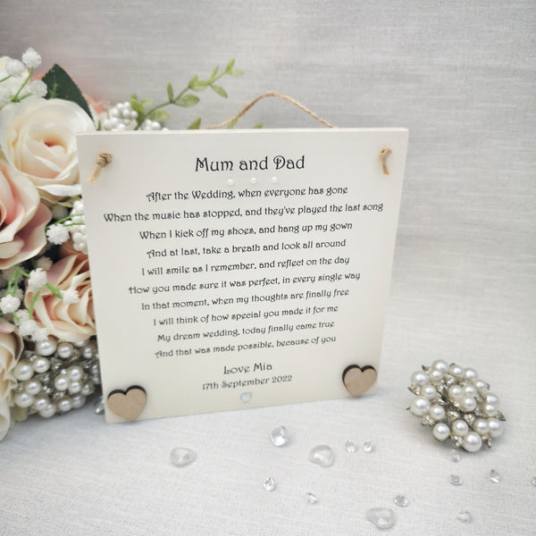 Wedding Thank You Mum and Dad gift from Bride or Groom, Parents wedding thank you, Wedding Keepsake for Parents, Bridal party poem gift