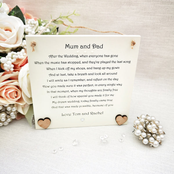 Wedding Thank You Mum and Dad gift from Bride or Groom, Parents wedding thank you, Wedding Keepsake for Parents, Bridal party poem gift