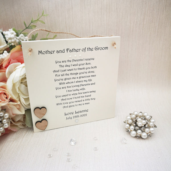 Mother and Father of the Groom Gift, Wedding Thank You Poem Plaque, In laws gift from Bride, Personalised poem, Rustic Wedding