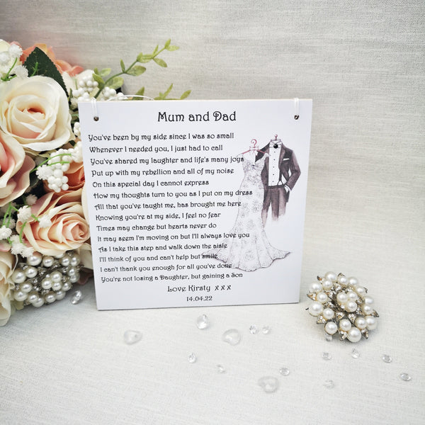 To Mum and Dad on my Wedding Day gift, Wedding gift for Parents, Personalised Mother and Father of the Bride Wedding keepsake,  Wedding poem