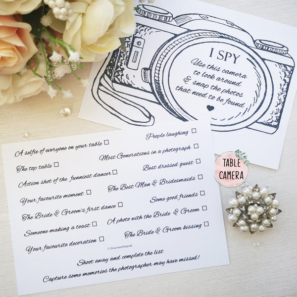 I spy wedding card game, Disposable Camera Game, Wedding photo game, Table game, White or Kraft card packs, Camera Favours