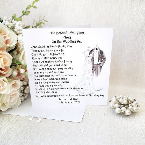 Personalised Daughter Wedding Day Card, To our Daughter on her wedding day, Poem Wedding Keepsake from Mum, Large custom Bride Card,