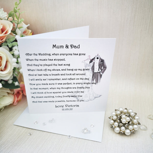 Personalised Mum and Dad Wedding Day Thank You Card, Mother and Father of the Bride from their Daughter on her Wedding Day, Parents Keepsake