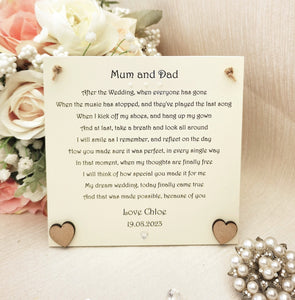 Parents Wedding Gift, Personalised Parents of the Bride keepsake, Sentimental Thank You Poem Plaque, Rustic Mum and Dad gift from Bride