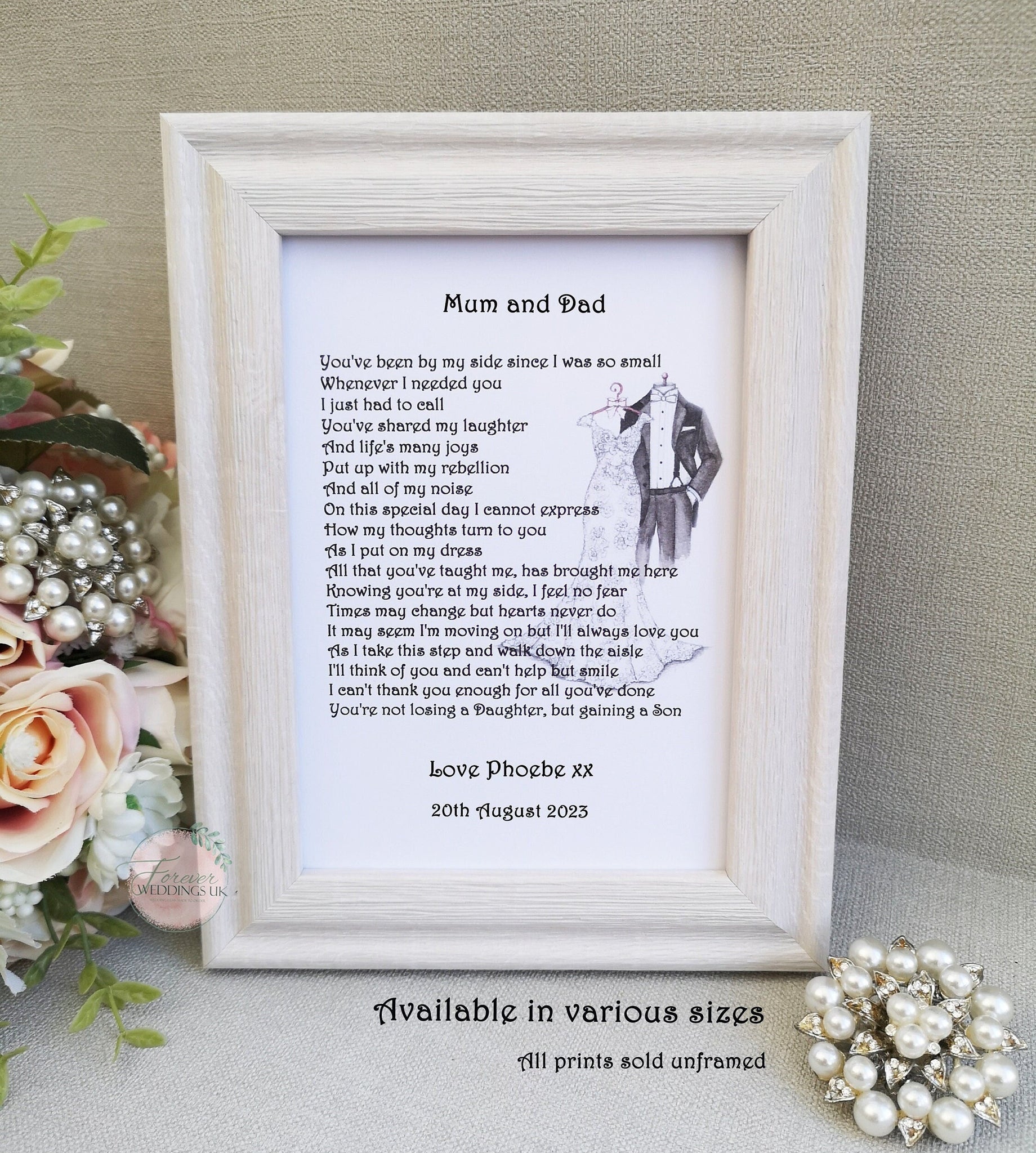 Mum and Dad Wedding Print from Bride, Parents Wedding Gift, Wedding Poem Gift