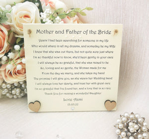 Parents of the bride gift from groom, Mother and Father of the Bride Thank You Gift, Personalised Gift from Groom, Wedding gift plaque