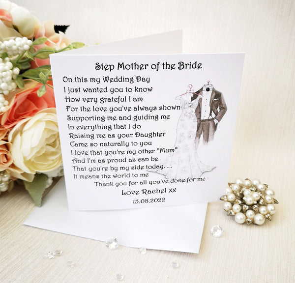 Step Mother of the Bride Wedding Day Card, On my Wedding Day, Personalised for Step-Mum or Step-Dad, Thank You Card