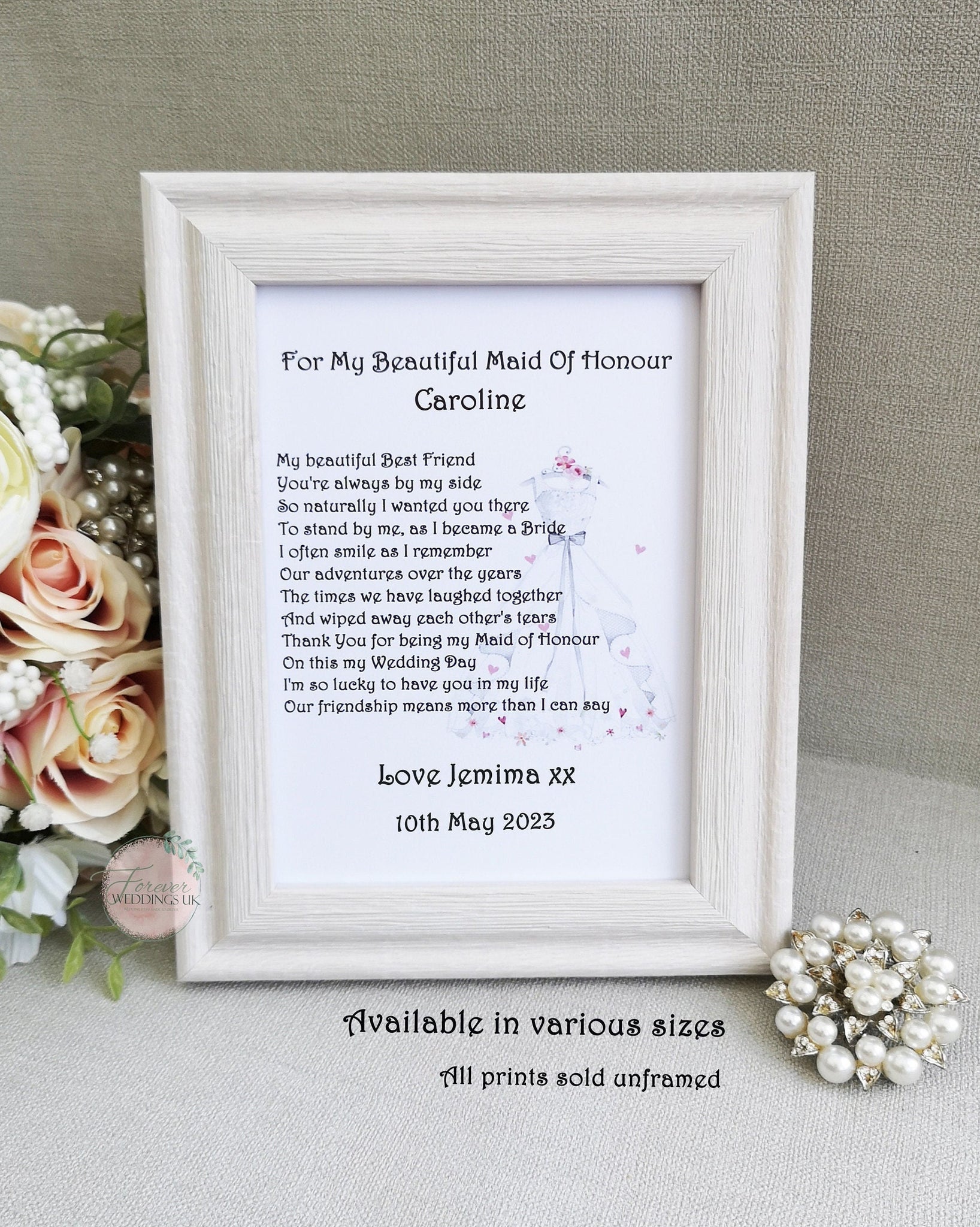 Maid of Honour Personalised Print, Bridal Party Wedding Keepsake, Thank you Maid of Honour Gift, Wedding Poem from Bride