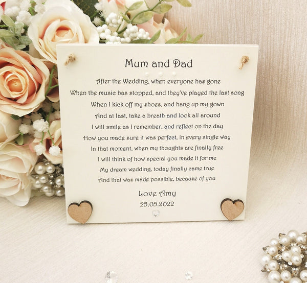 To my Parents on my Wedding Day, Wedding Gift for Parents, Wedding Thank You Keepsake