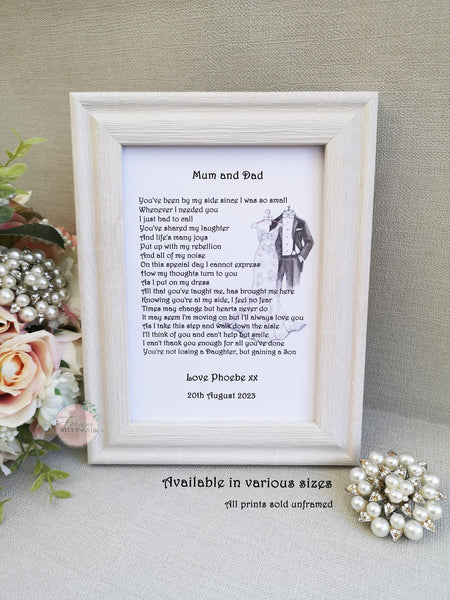 To Mum and Dad on my Wedding Day gift, Wedding gift for Parents, Personalised Mother and Father of the Bride Wedding keepsake,  Wedding poem