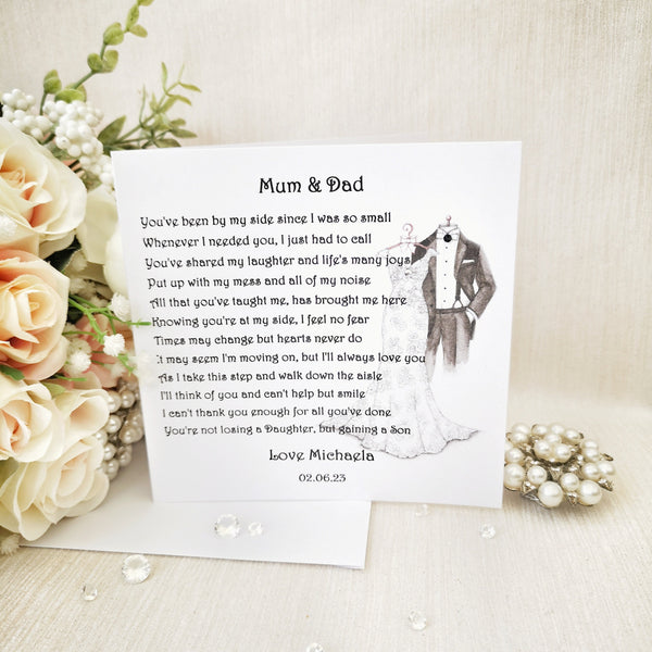 To Mum and Dad on my Wedding Day gift, Wedding gift for Parents, Personalised Mother and Father of the Bride Wedding keepsake,  Wedding poem