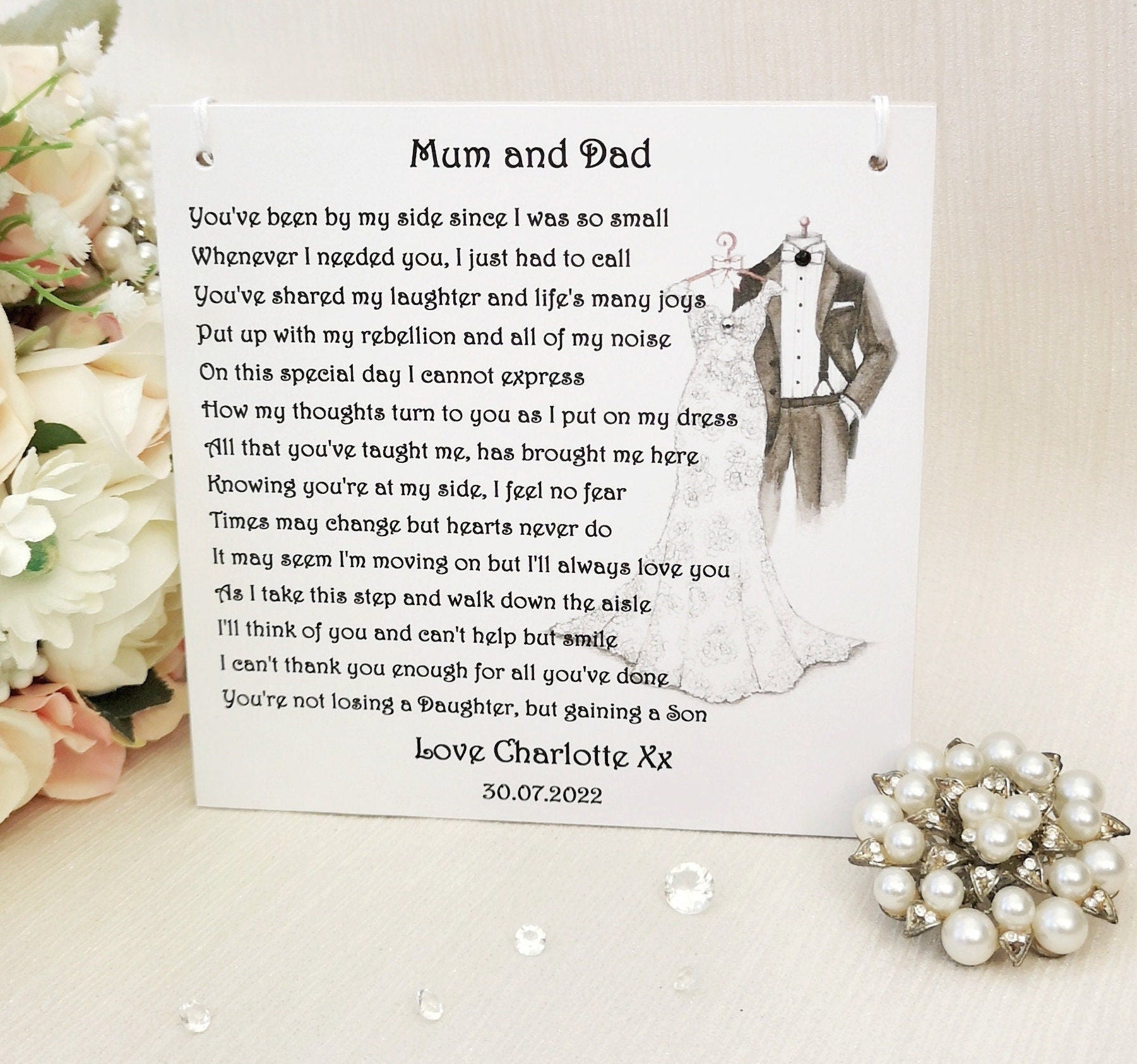 To Mum and Dad on my Wedding Day gift, Wedding gift for Parents, Personalised Mother and Father of the Bride Wedding keepsake,  Wedding poem