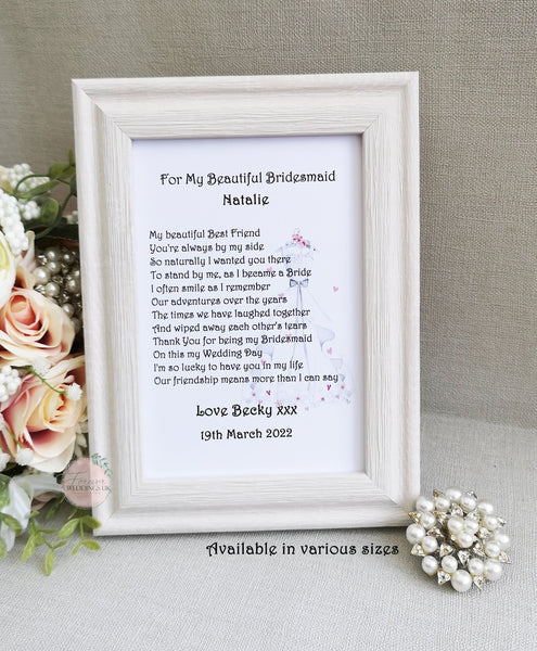 Personalised Bridesmaid Gift, Wedding Poem Print, Bridesmaid Thank You Gift, Bridesmaid Box Filler, Wedding Thank You, Bridal Party Gift