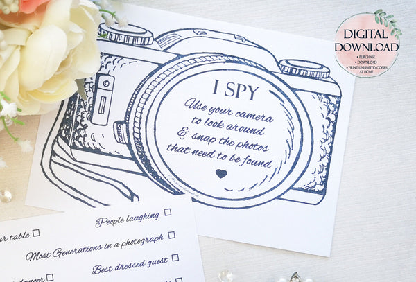 Printable Wedding I Spy Camera Card, INSTANT DOWNLOAD, Guest Ice Breaker, Wedding Table Games Card, Wedding Ideas, DIY Wedding Decor