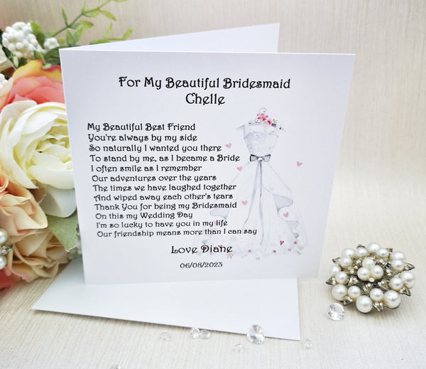 Personalised Bridesmaid Thank You Card, Daughter Bridesmaid, Maid of Honour Card, Card from Bride, Wedding Poem Card, Wedding Day Card