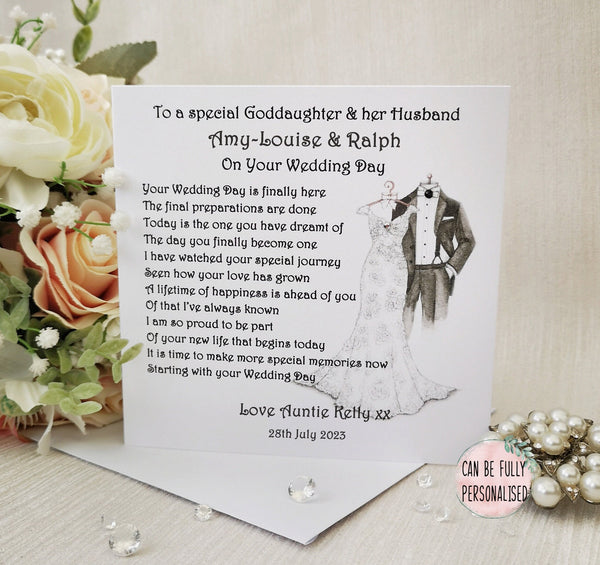 Godson and Wife Wedding Day card, Personalised wedding card, Card for Bride and Groom, Goddaughter wedding card, Large Wedding keepsake card