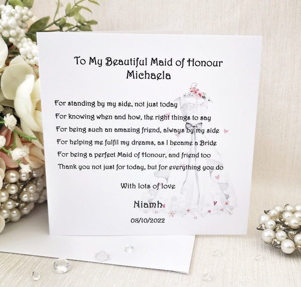 Personalised Maid of Honour Thank You Card, Personalised Card from Bride, Friend or Sister, Maid of Honour Box Filler, Maid of Honour Card