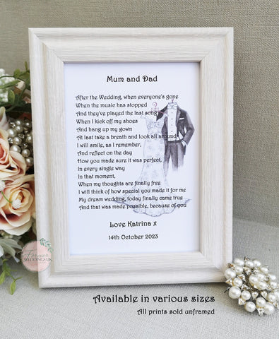 Mum and Dad Wedding Thank You Gift, Wedding Parent Gift, Mother and Father of the bride poem, Gift from Bride