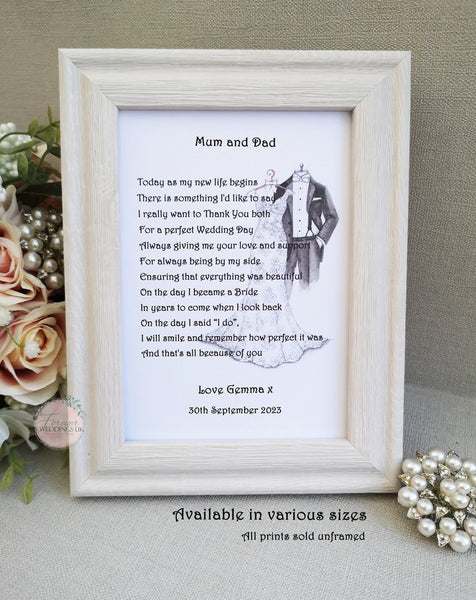 Mum and Dad Wedding Day Print, Wedding Parent Gift, Mother and Father of the Bride, Gift from Bride