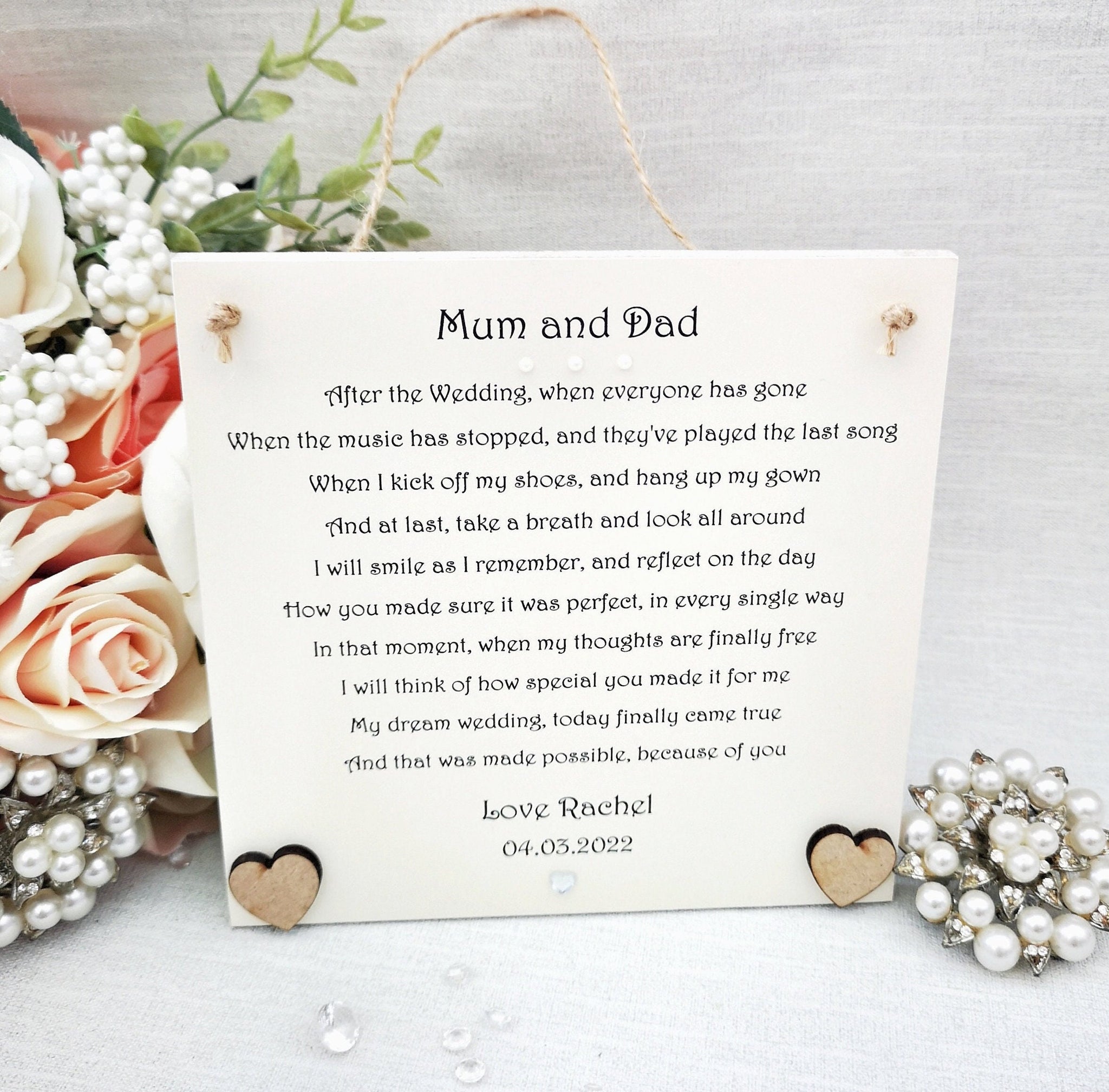 Wedding Thank You Mum and Dad gift from Bride or Groom, Parents wedding thank you, Wedding Keepsake for Parents, Bridal party poem gift