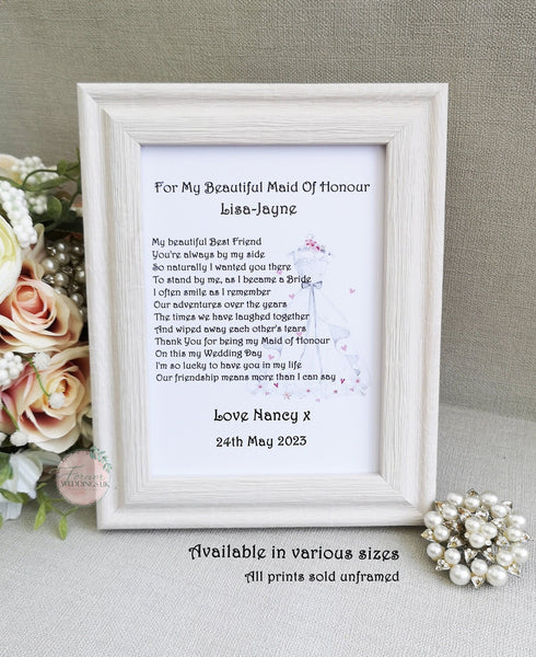 Maid of Honour Print, Wedding Thank You, Poem from Bride, Personalised Box Filler, Bridal Party Gift from Bride