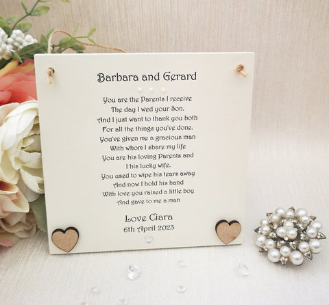 Mother and Father of the Groom Gift, Wedding Thank You Poem Plaque, In laws gift from Bride, Personalised poem, Rustic Wedding