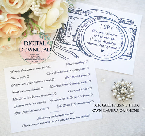 Printable Wedding I Spy Camera Card, INSTANT DOWNLOAD, Guest Ice Breaker, Wedding Table Games Card, Wedding Ideas, DIY Wedding Decor