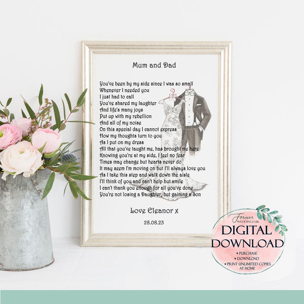 Personalised Mum and Dad Wedding Thank You, 8" x 10" or A4 Digital Print, Mother and Father of the Bride Printable gift, Gift from Bride