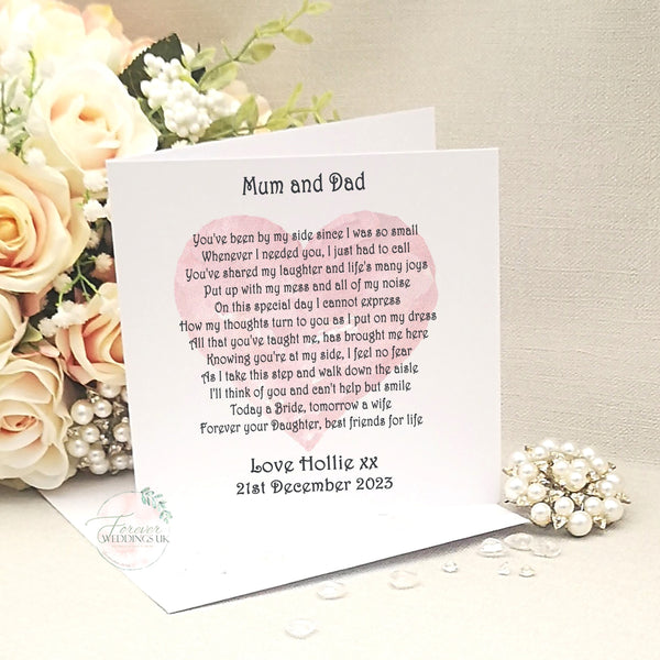 To my Mum on my wedding day card, Mother of the Bride, Father of the Bride card, Thank you Mum and Dad Wedding Card, Wedding Poem from Bride