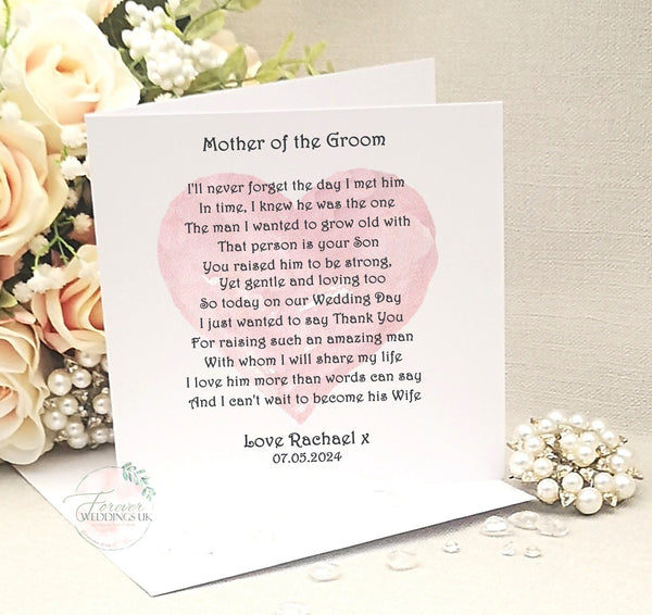 Personalised Parents of the Groom Wedding Card, Mother and Father of the Groom Poem, Card from Bride, Wedding Keepsake, Custom Wedding Card