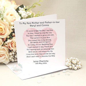 Personalised Parents of the Groom Wedding Card, Mother and Father of the Groom Poem, Card from Bride, Wedding Keepsake, Custom Wedding Card