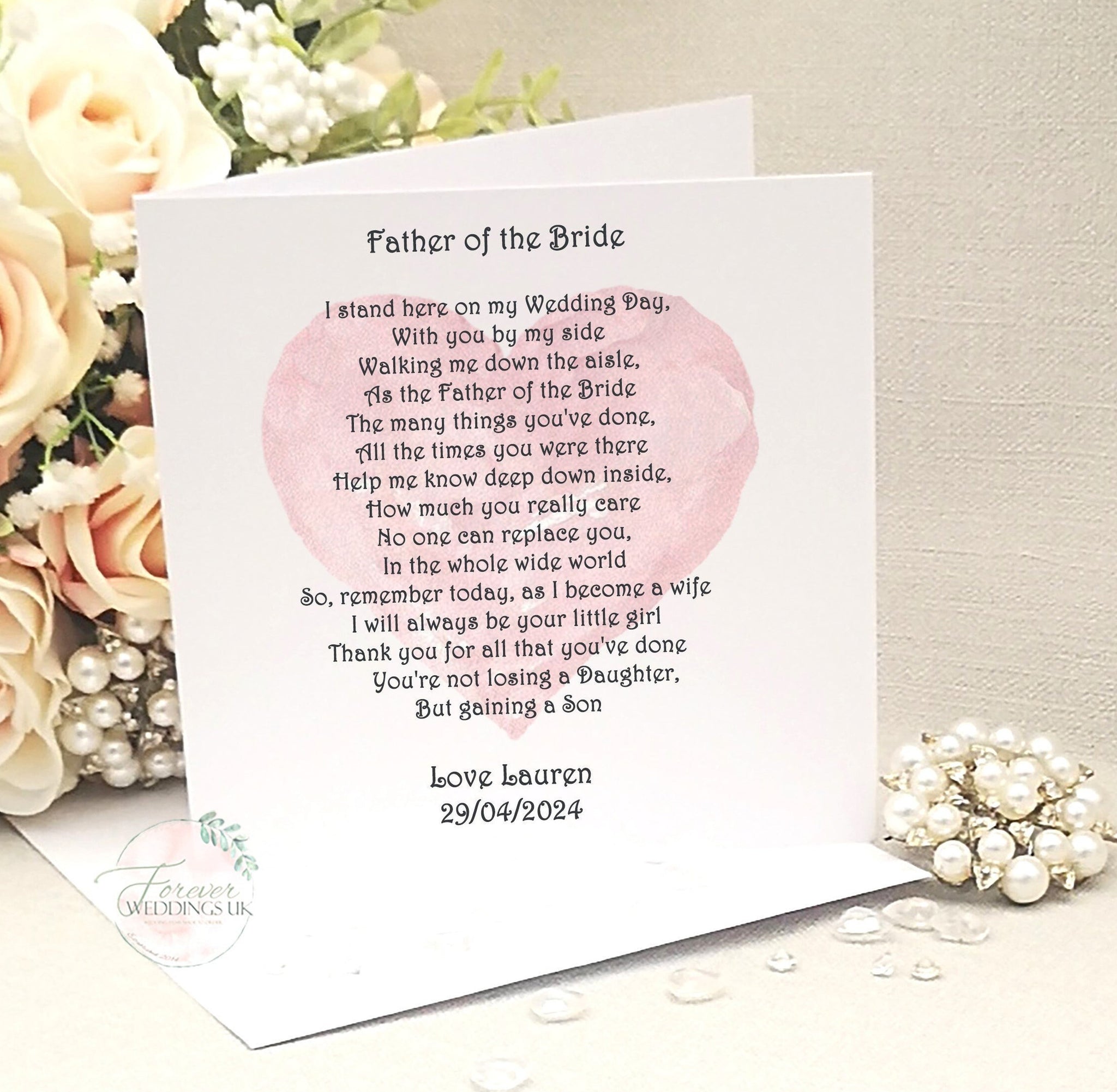 Father of the Bride Card, To my Dad on my Wedding Day, Card from Bride, Parent Wedding Card, Large Wedding Poem Card, Custom Wedding Card