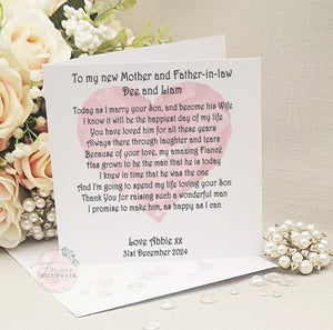 Parents of the Groom card from Bride, Personalised Parents Wedding Card, Mother of the Groom, Father of the Groom, Custom Keepsake