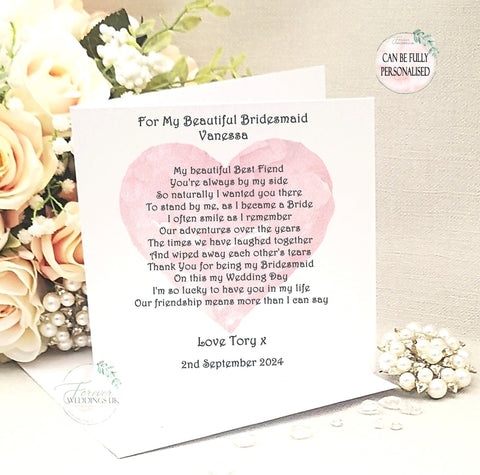 Personalised Bridesmaid Card, Maid/Matron of Honour, Chief Bridesmaid, Sister, Friend, Niece, Cousin, Bridesmaid Box Filler, Card from Bride