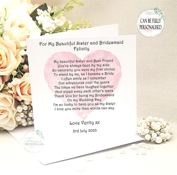 Personalised Bridesmaid Card, Maid/Matron of Honour, Chief Bridesmaid, Sister, Friend, Niece, Cousin, Bridesmaid Box Filler, Card from Bride