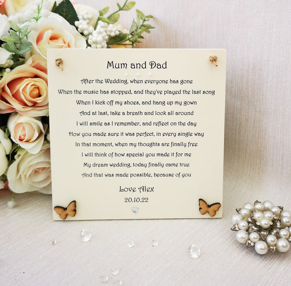 To my Parents on my Wedding Day, Wedding Gift for Parents, Wedding Thank You Keepsake