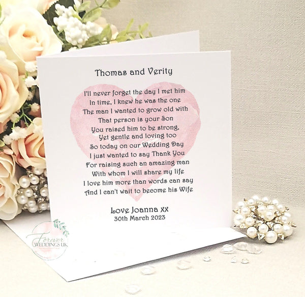 Personalised Parents of the Groom Wedding Card, Mother and Father of the Groom Poem, Card from Bride, Wedding Keepsake, Custom Wedding Card