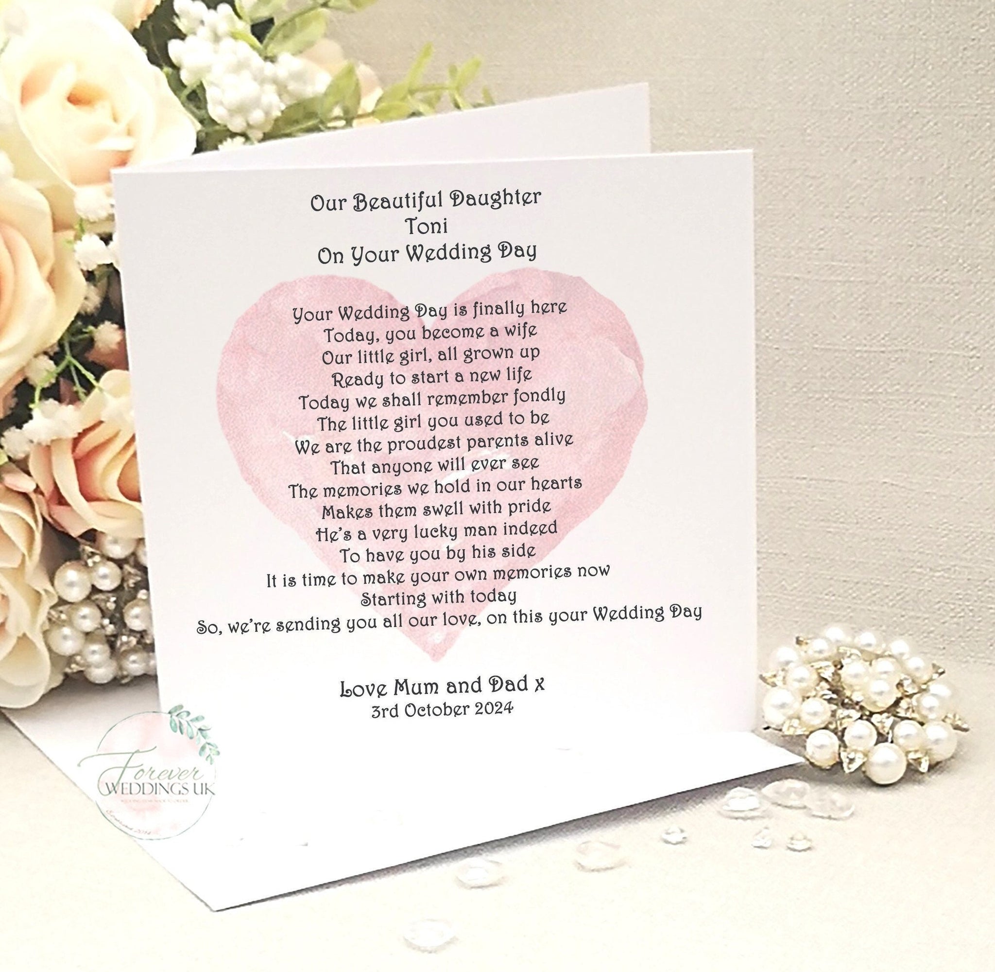 Personalised Daughter on her wedding day keepsake card, Bride Daughter card from Mother and Father of the Bride, Large custom wedding card