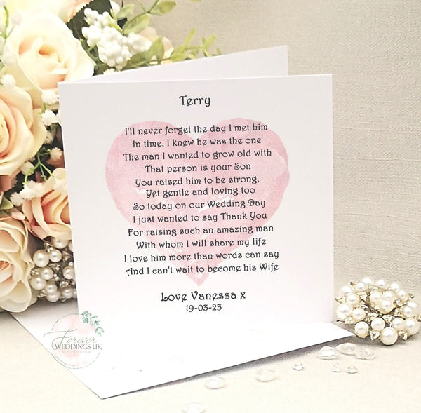 Personalised Father of the Groom, Mother of the Groom, Parents of the Groom poem card, Card from Bride, Custom Wedding, Wedding morning card