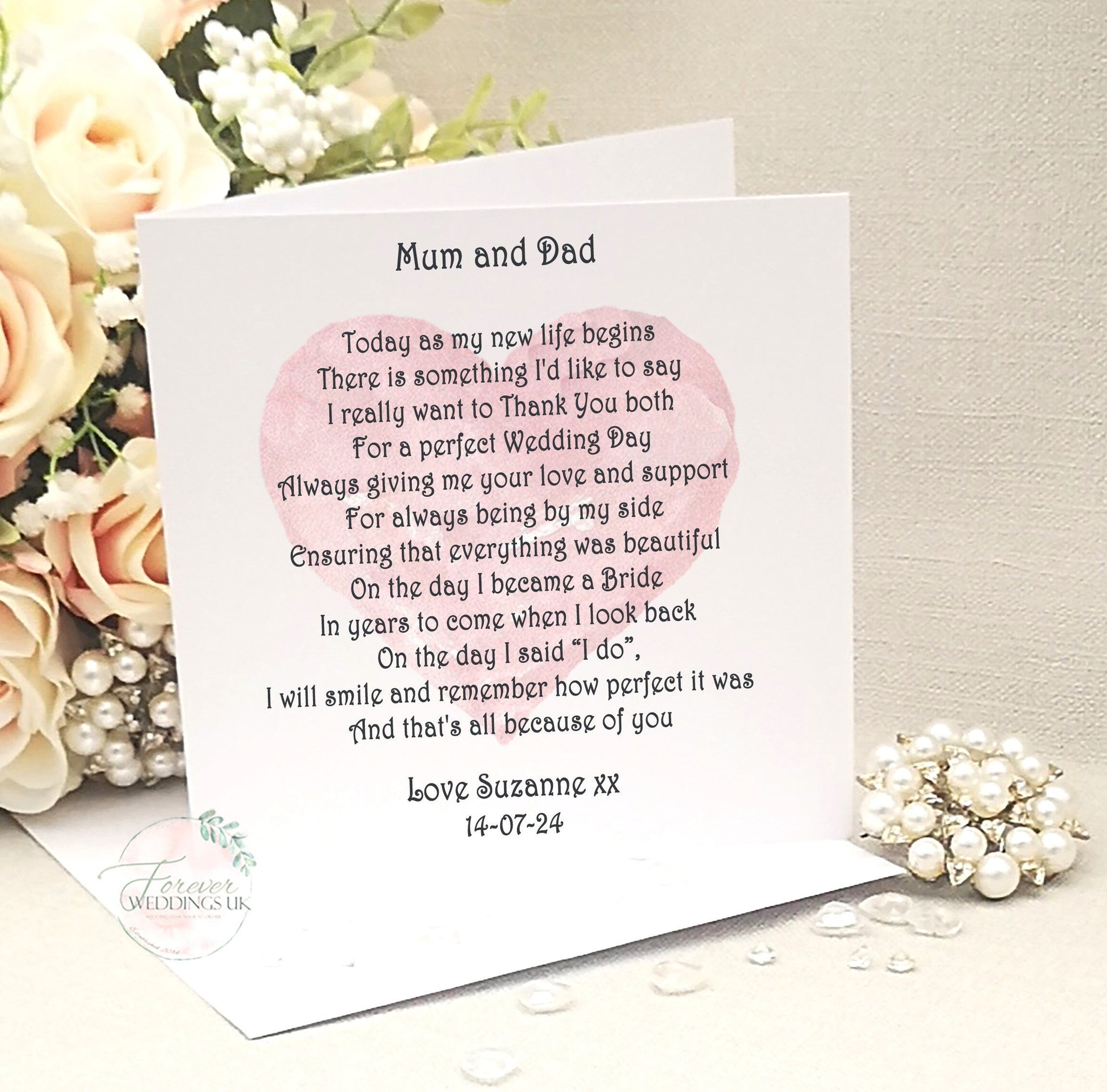 Mum and Dad Wedding Thank You Card, Mother of the Bride, Father of the Bride, Grandparents of the Bride card, Wedding card from Bride