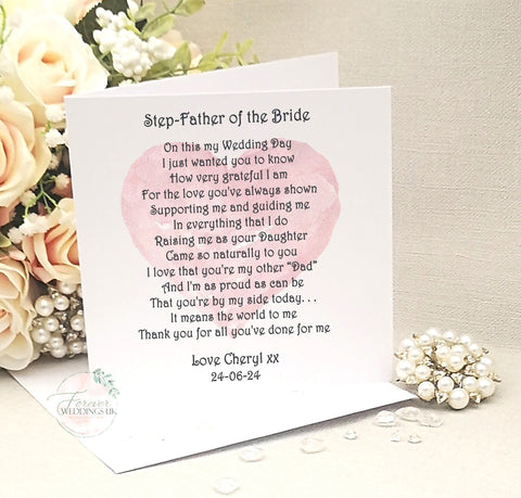 Step-Father of the Bride card, Step-mother, Custom Wedding, Card from Bride, Wedding Keepsake card, Bridal party gift, Personalised Dad gift