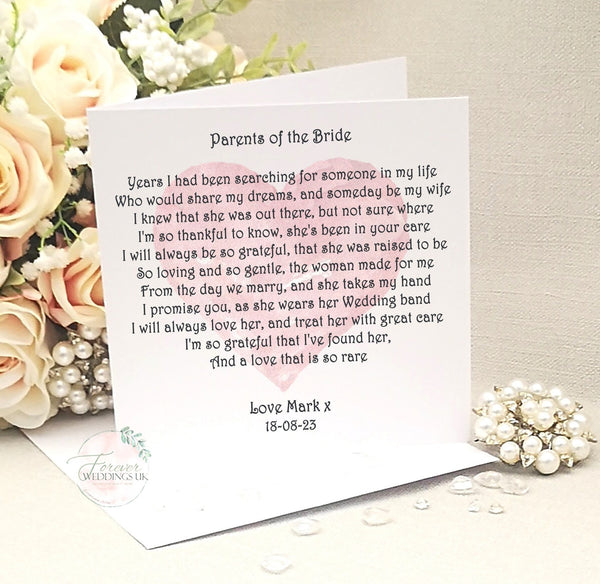 Mother and Father of the Bride Card from Groom card, Personalised Keepsake, Custom Wedding Card, Wedding card from Son-in-law, Parents Card