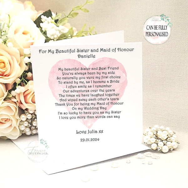 Maid of Honour Card, Personalised card from Bride, Sister, Niece, Friend, Cousin, Bridesmaid box filler, Pink Wedding Card, Wedding Morning