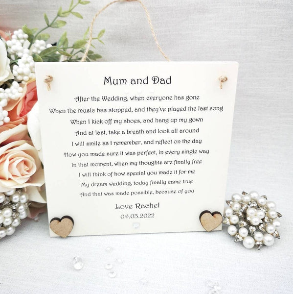 To my Parents on my Wedding Day, Wedding Gift for Parents, Wedding Thank You Keepsake