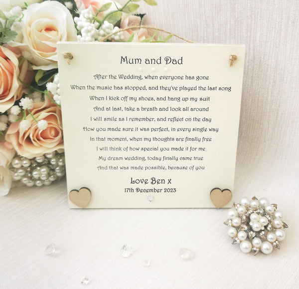 Parents Wedding Gift, Personalised Parents of the Bride keepsake, Sentimental Thank You Poem Plaque, Rustic Mum and Dad gift from Bride