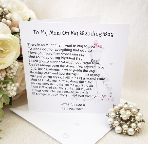 Mother of the Bride Card, Wedding day card for Mum, Wedding Party Card, Personalised Poem, Mum Wedding Thank You, Card from Bride